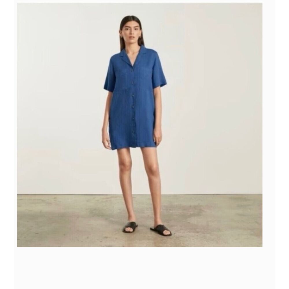 Everlane 100% Linen Workwear Shirt Dress S Blue Pockets Minimalist Boxy Button